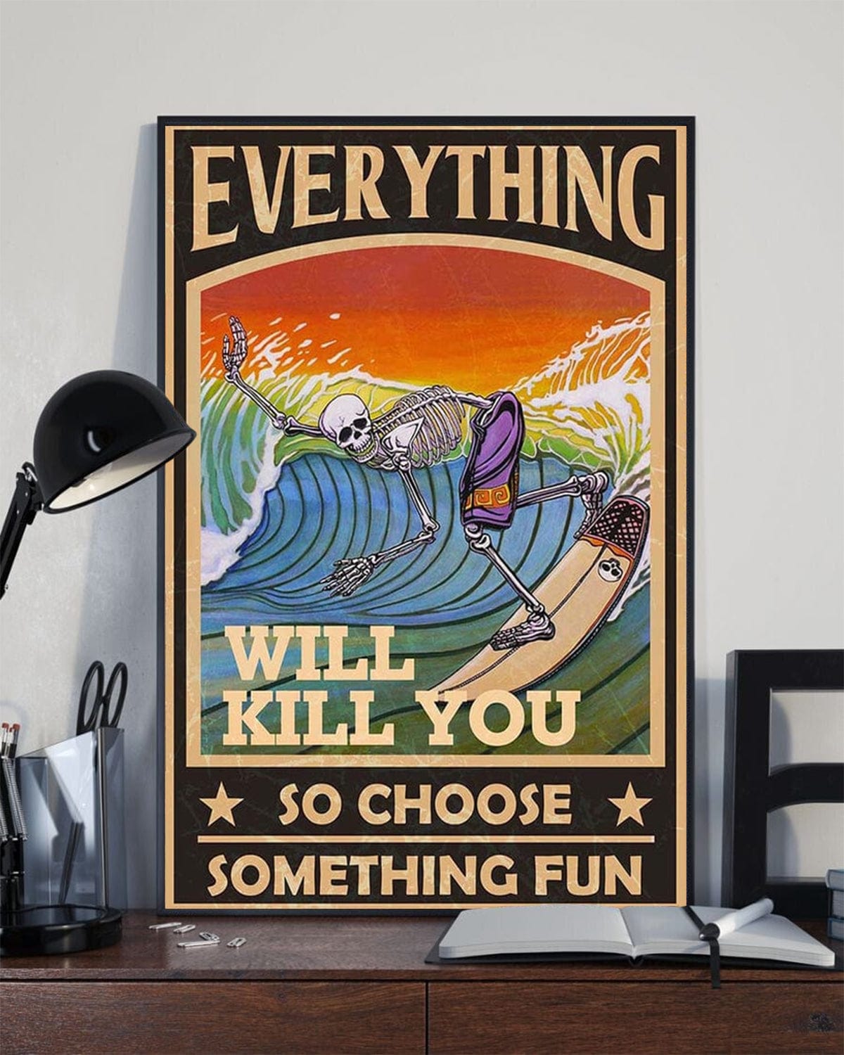 Póster, lienzo, esqueleto surfeando, todo te matará, así que elige algo divertido