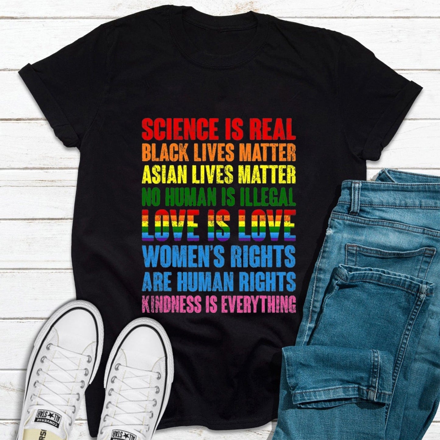 Camiseta de igualdad con el lema Black Lives Matter, Science Is Real, Stop Asian Hate