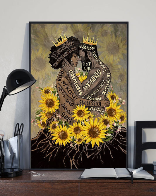 Póster de pareja de raíces negras con girasoles, lienzo