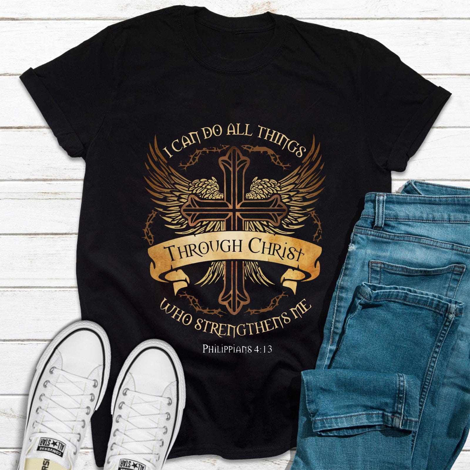 I Can Do All Things Through Christ Who Strengthens Me Golden Cross Design Jesus Shirt