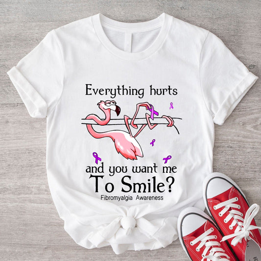Camisetas de concienciación sobre la fibromialgia con flamencos: todo me duele y quieres que sonría