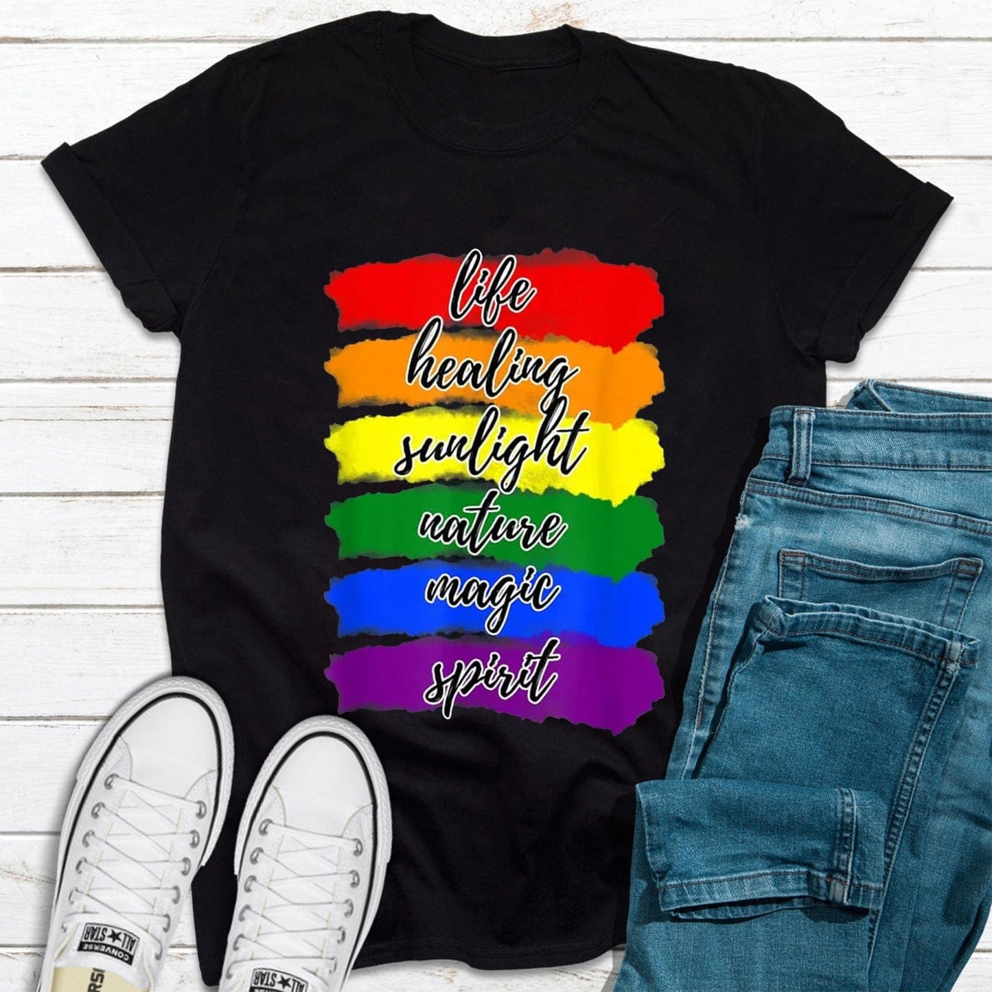 Camisetas del orgullo gay con la bandera del arcoíris LGBT que curan la vida, la luz del sol, la naturaleza, la magia y el espíritu