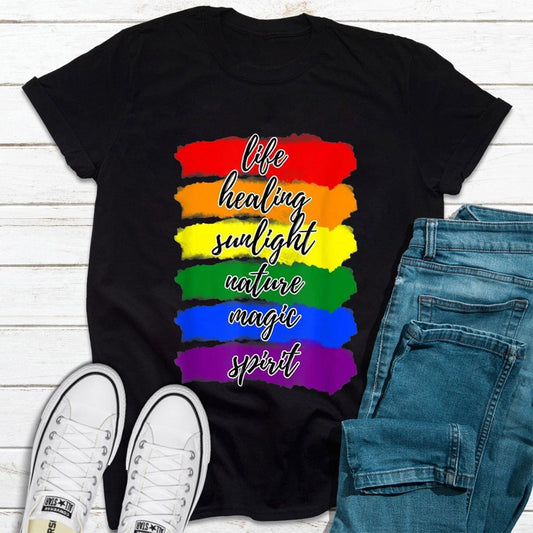 Camisetas del orgullo gay con la bandera del arcoíris LGBT que curan la vida, la luz del sol, la naturaleza, la magia y el espíritu