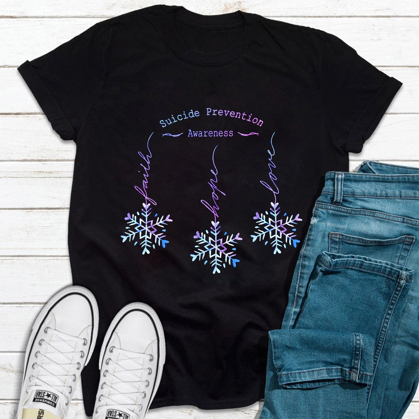 Faith, Hope, Love Snowflake Suicide Prevention Awareness T-Shirt