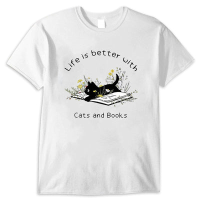 Life Is Better With Cats And Books Shirt, Cute Floral Cat Book Shirts