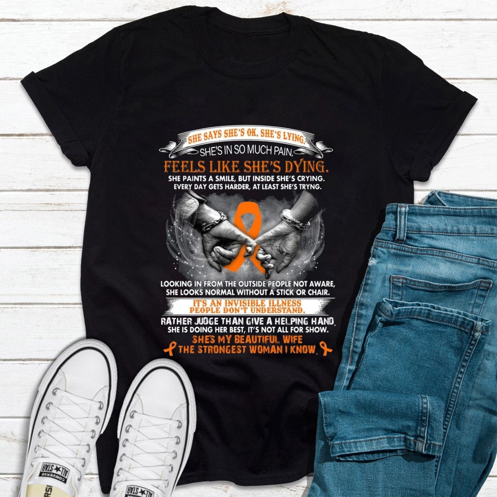 Camiseta de concienciación sobre la esclerosis múltiple, cinta naranja de la bella esposa más fuerte