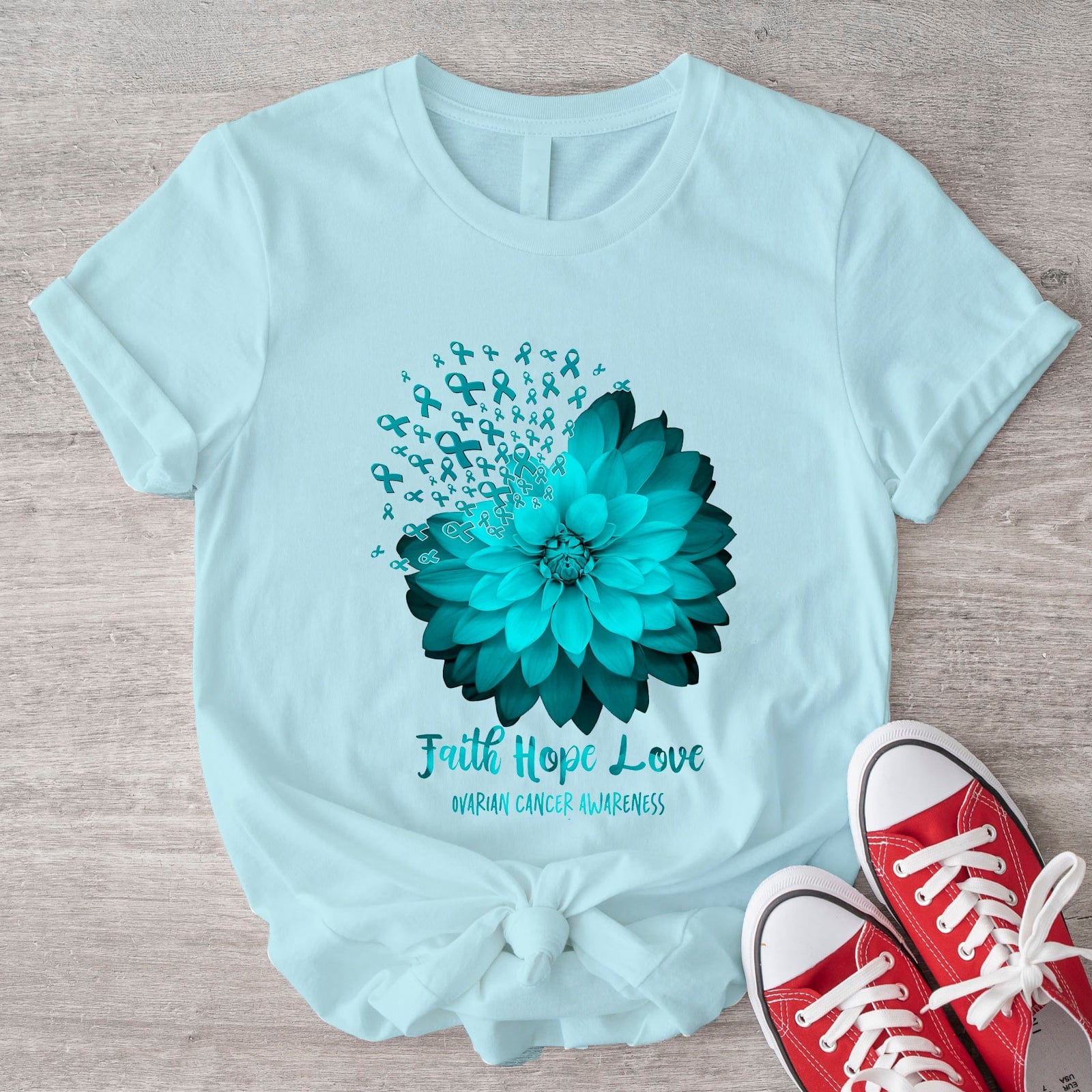 Faith Hope Love Teal Floral Ovarian Cancer Awareness Shirt