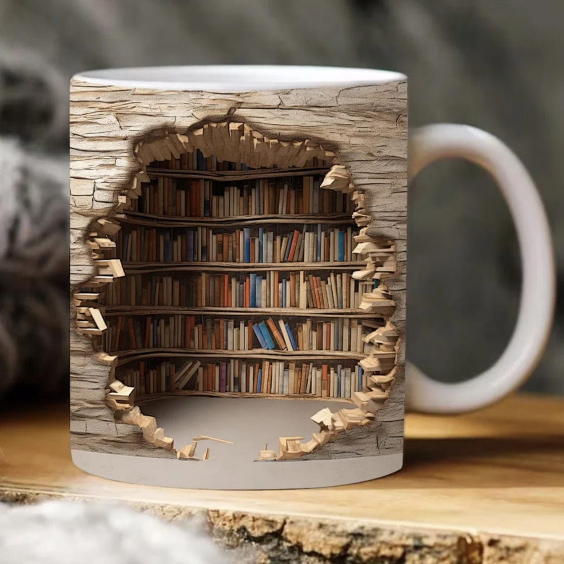 Whimsical 3D Bookshelf Mug, Featuring A Hidden Library With Hole-in-the-Wall Design