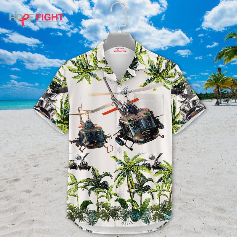 Military Helicopter Hawaiian Shirt - UH-1 Huey & Jungle Camo Design