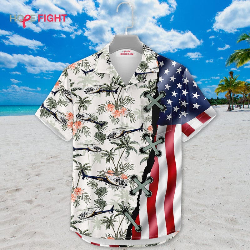 Military Helicopter Hawaiian Shirt - American Flag & Tropical Aviation Design