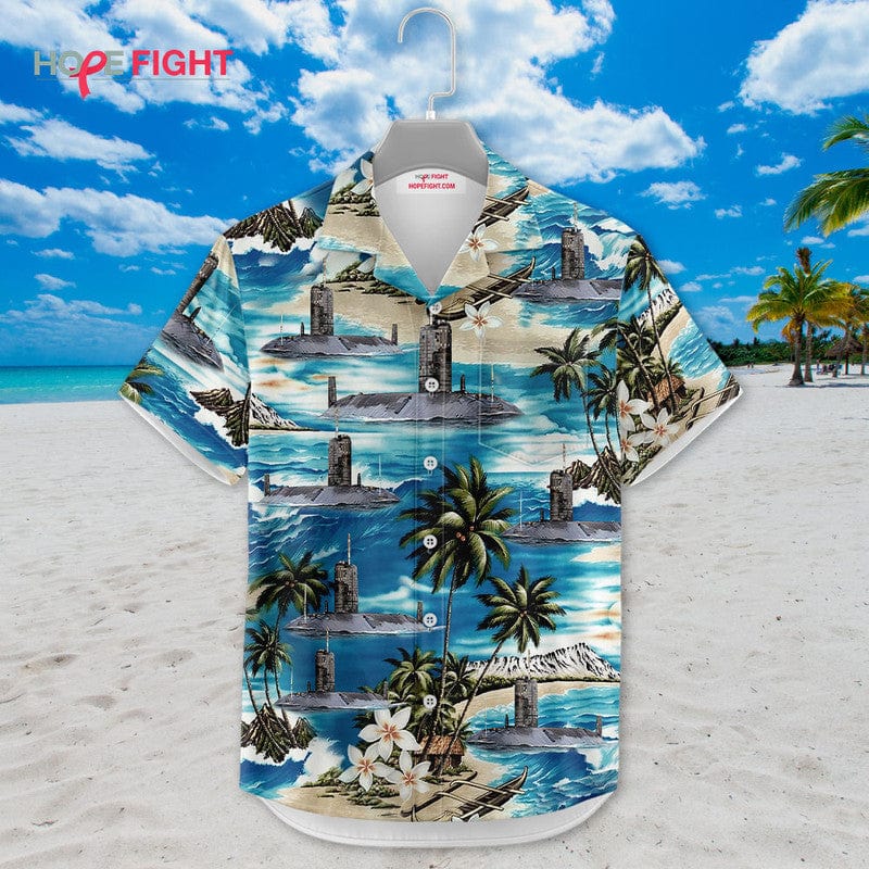 Submarine Hawaiian Shirt - Deep Sea Navy & Tropical Beach Design