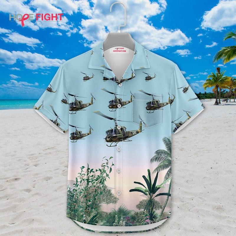 Military Helicopter Hawaiian Shirt - UH-1 Huey & Tropical Jungle Design