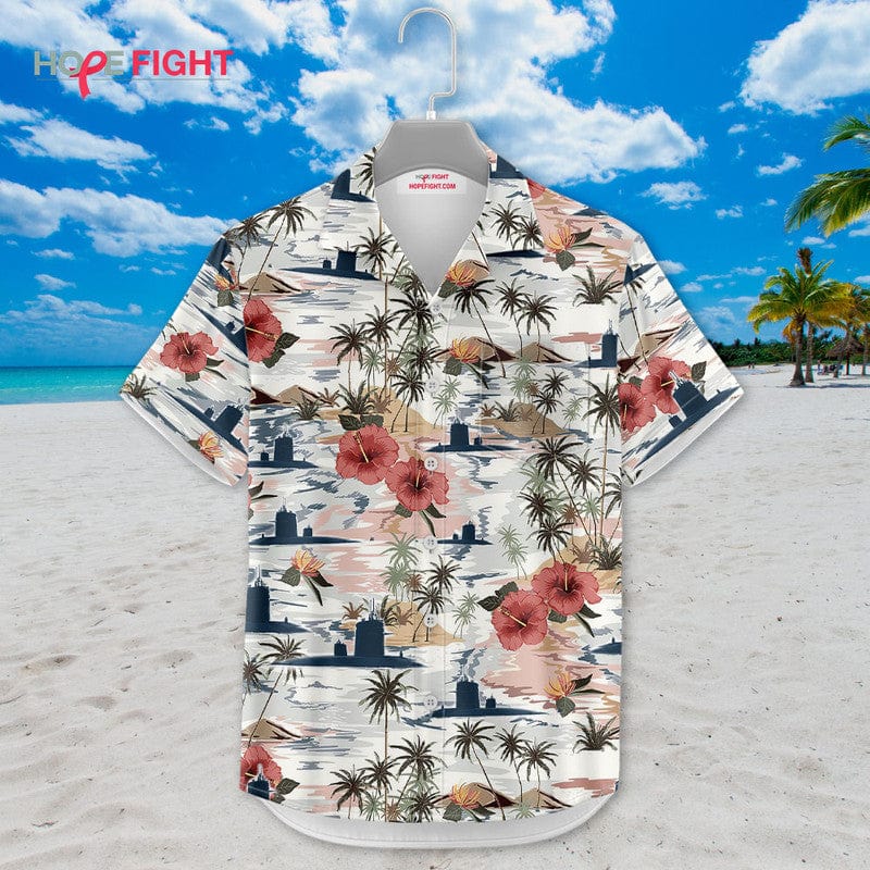 Submarine Hawaiian Shirt - Vintage Navy & Tropical Hibiscus Design