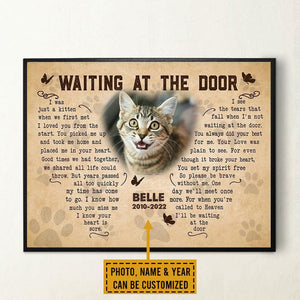 Póster conmemorativo de gato personalizado, lienzo esperando en la puerta