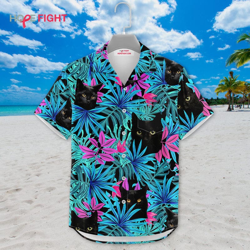 Tropical Black Cat Hawaiian Shirt - Neon Jungle Cat Lovers Outfit