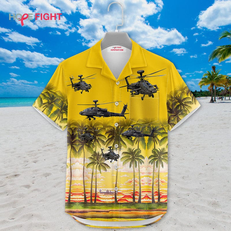 Military Helicopter Hawaiian Shirt - Apache Attack & Golden Sunset Design