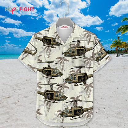 Military Helicopter Hawaiian Shirt - UH-1 Huey & Tropical Camouflage Design