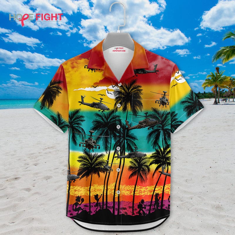 Military Helicopter Hawaiian Shirt - Apache Sunset & Tropical Warfare Design