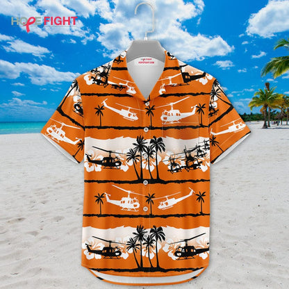 Military Helicopter Hawaiian Shirt - UH-1 Huey & Sunset Tropical Design
