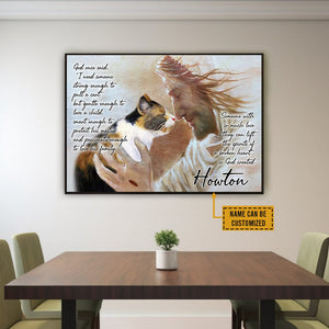 Póster conmemorativo de gato calicó personalizado, lienzo con cita inspiradora de la creación de Dios y Jesús, arte de pared