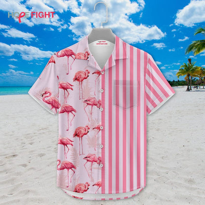 Tropical Flamingo Hawaiian Shirt - Pink Striped & Bird Print, Beachwear