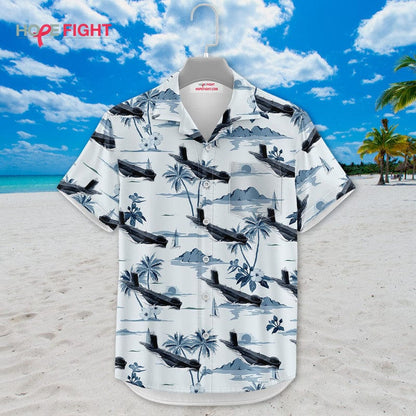 Submarine Hawaiian Shirt - Monochrome Navy & Tropical Island Design