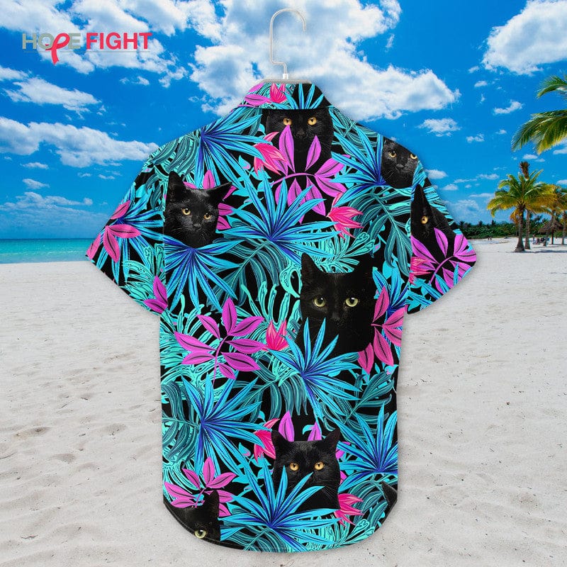 Tropical Black Cat Hawaiian Shirt - Neon Jungle Cat Lovers Outfit