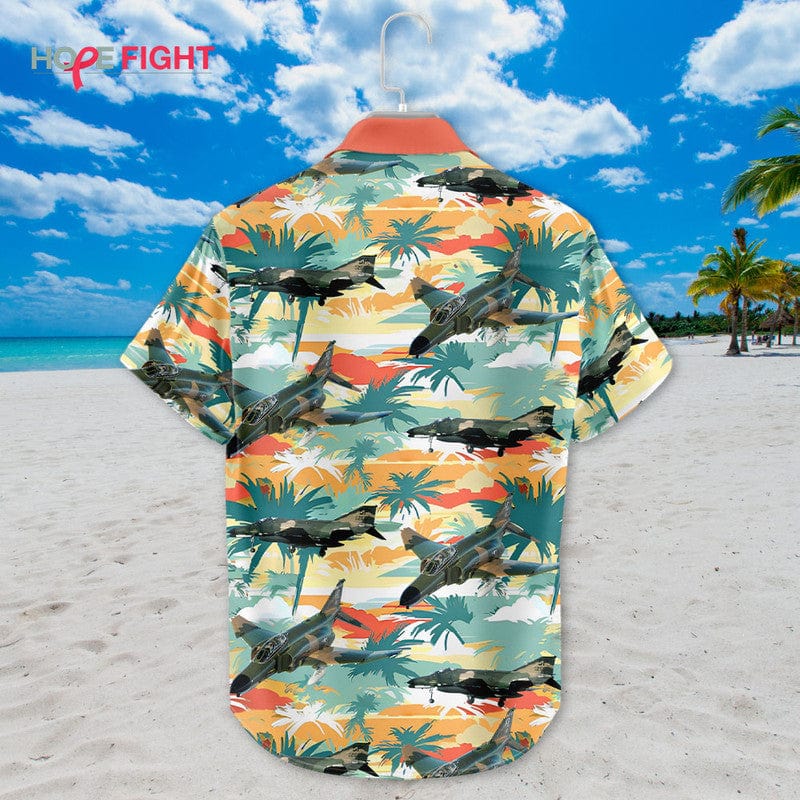 Tropical Fighter Jet Hawaiian Shirt - Military Aircraft & Sunset Palm Print