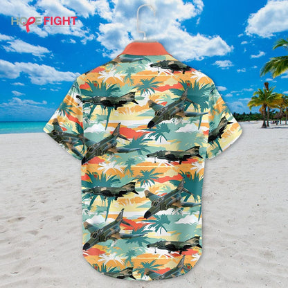 Tropical Fighter Jet Hawaiian Shirt - Military Aircraft & Sunset Palm Print