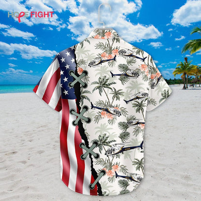 Military Helicopter Hawaiian Shirt - American Flag & Tropical Aviation Design