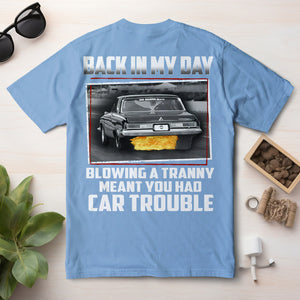 En mi época, si soplabas una transmisión significaba que tenías problemas con el auto. Camisetas de mecánico