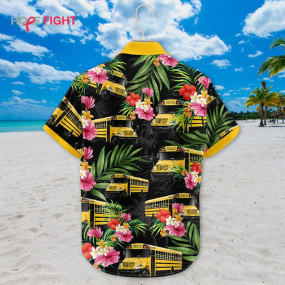 Tropical School Bus Hawaiian Shirt - Yellow Bus & Floral Print, Back to School Vibes