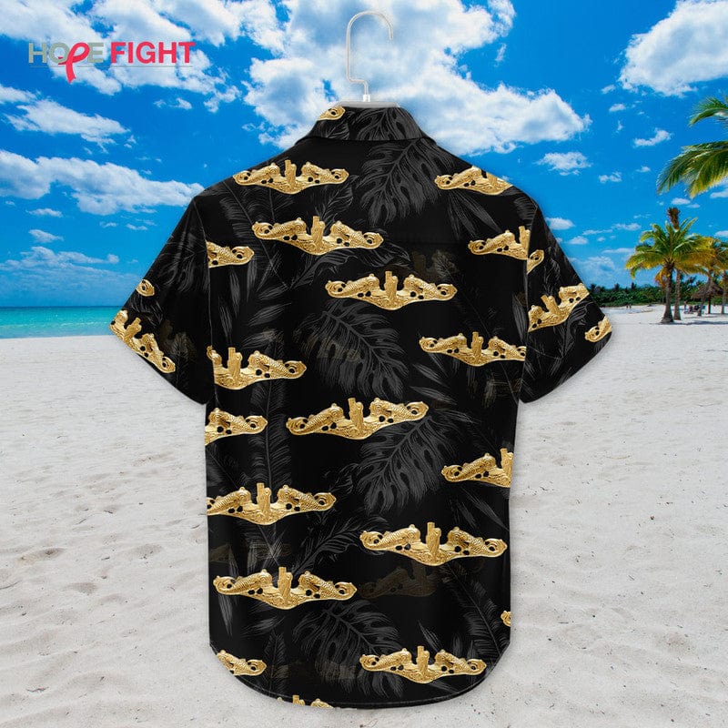 Submarine Hawaiian Shirt - Gold Navy Insignia & Tropical Black Design