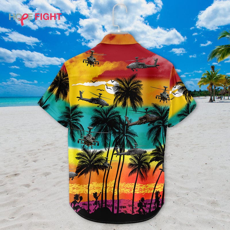 Military Helicopter Hawaiian Shirt - Apache Sunset & Tropical Warfare Design