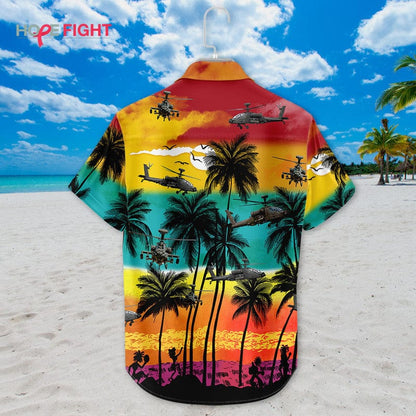 Military Helicopter Hawaiian Shirt - Apache Sunset & Tropical Warfare Design