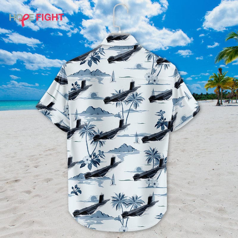 Submarine Hawaiian Shirt - Monochrome Navy & Tropical Island Design