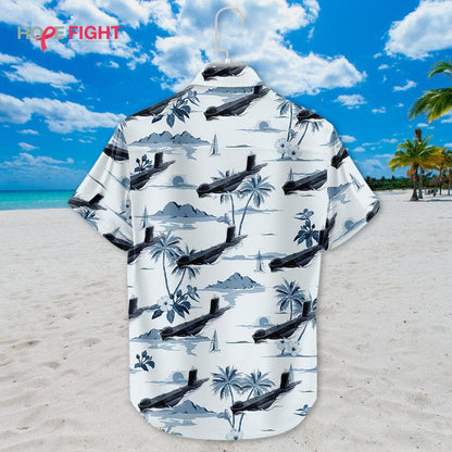 Submarine Hawaiian Shirt - Monochrome Navy & Tropical Island Design