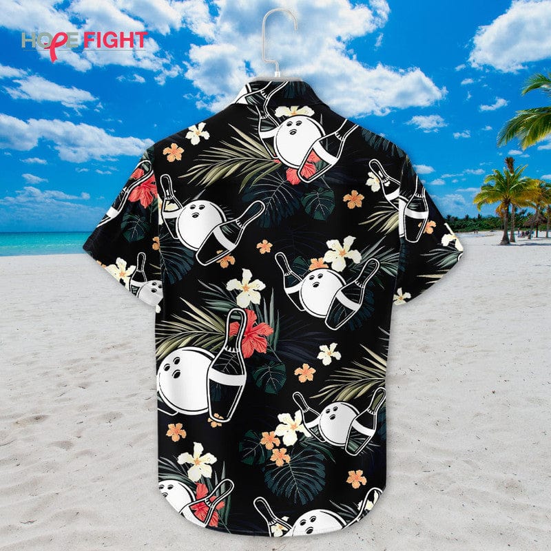 Tropical Bowling Hawaiian Shirt - Fun Bowling Pins & Champagne Print, Party Vibes