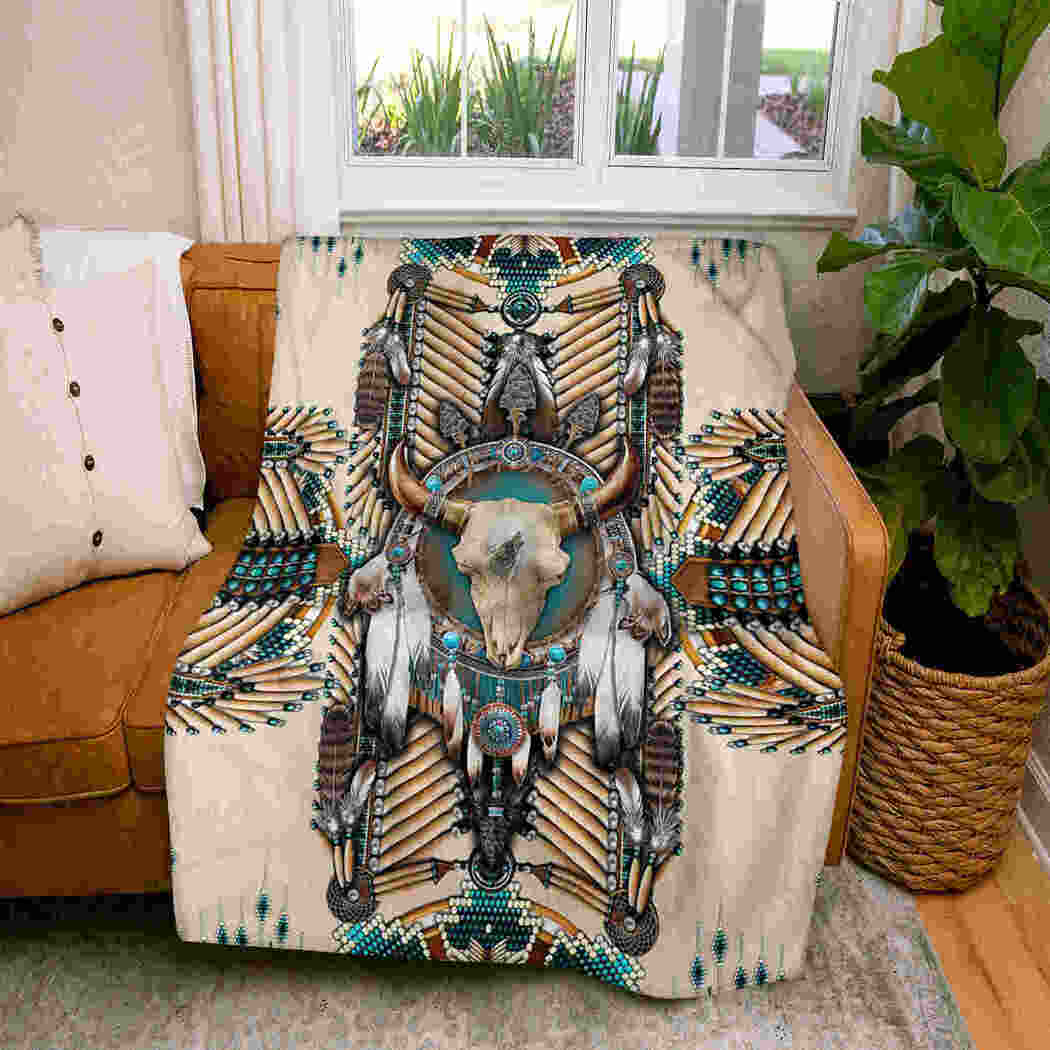 Native American Buffalo Skull Feather Fleece & Sherpa Blanket