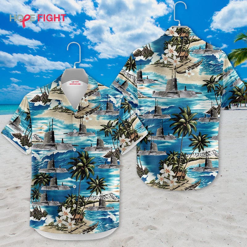 Submarine Hawaiian Shirt - Navy Deep Sea & Tropical Beach Theme