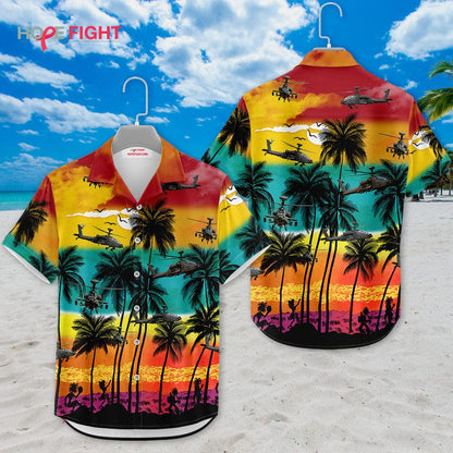 Military Helicopter Hawaiian Shirt - Apache Sunset & Tropical Warfare Design