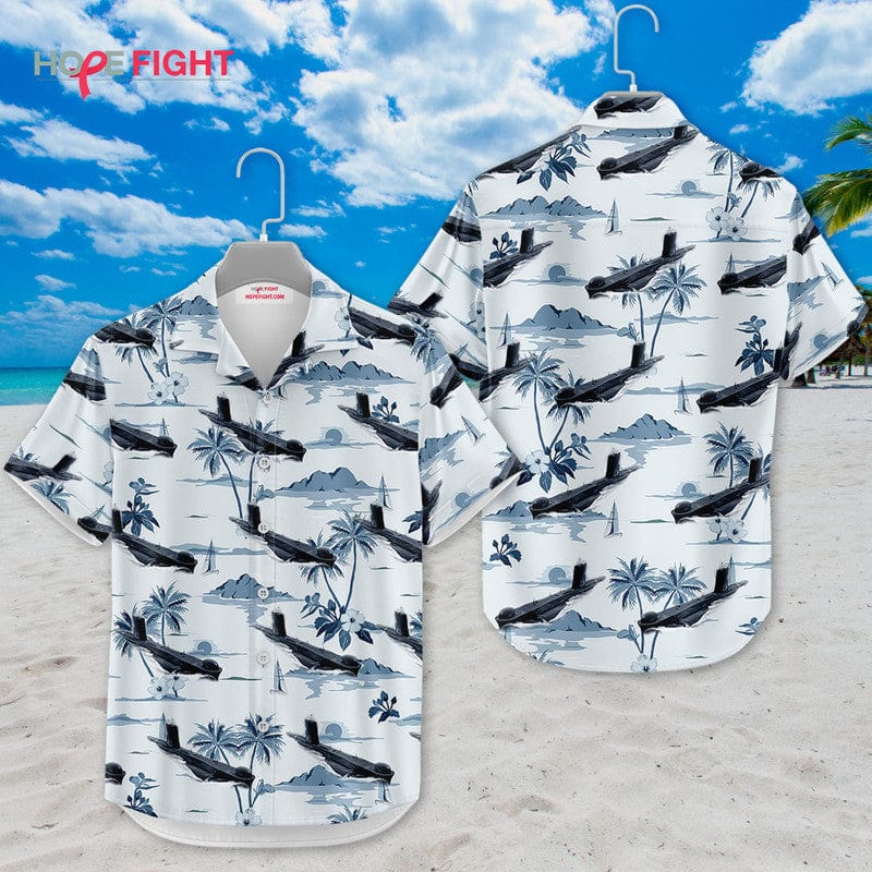 Submarine Hawaiian Shirt - Monochrome Navy & Tropical Island Design