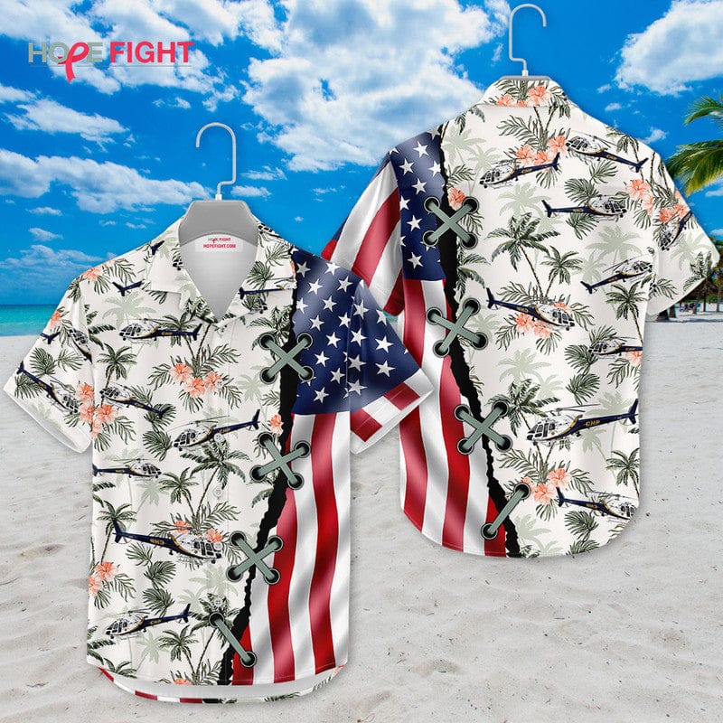 Military Helicopter Hawaiian Shirt - American Flag & Tropical Aviation Design