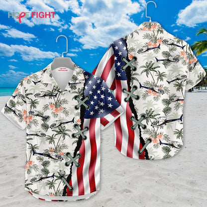 Military Helicopter Hawaiian Shirt - American Flag & Tropical Aviation Design
