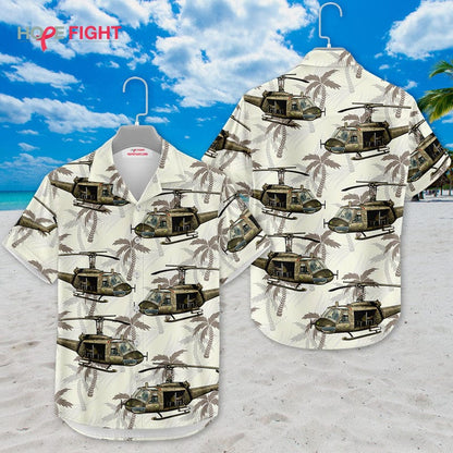 Military Helicopter Hawaiian Shirt - UH-1 Huey & Tropical Camouflage Design