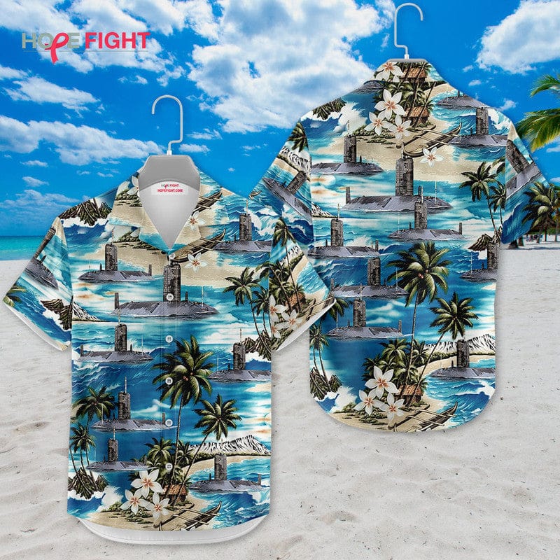 Submarine Hawaiian Shirt - Deep Sea Navy & Tropical Beach Design