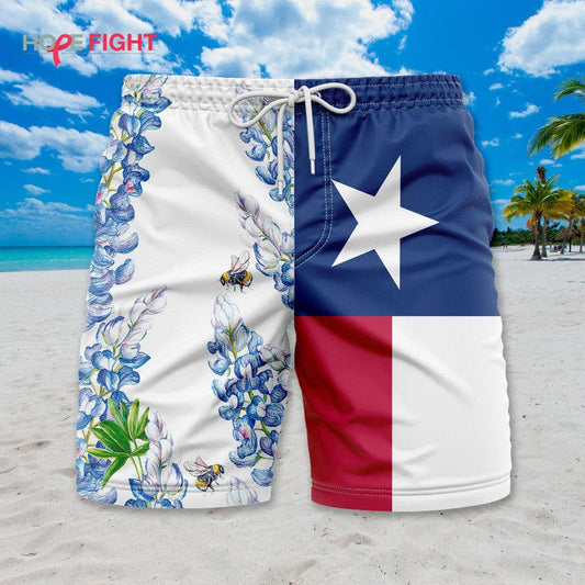 Texas Swim Trunks, Lone Star Flag & Bluebonnet Floral Design