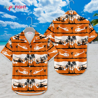 Military Helicopter Hawaiian Shirt - UH-1 Huey & Sunset Tropical Design
