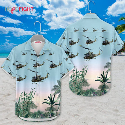 Military Helicopter Hawaiian Shirt - UH-1 Huey & Tropical Jungle Design