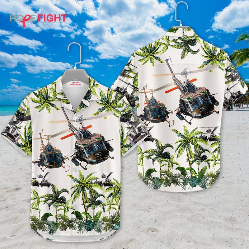 Military Helicopter Hawaiian Shirt - UH-1 Huey & Jungle Camo Design